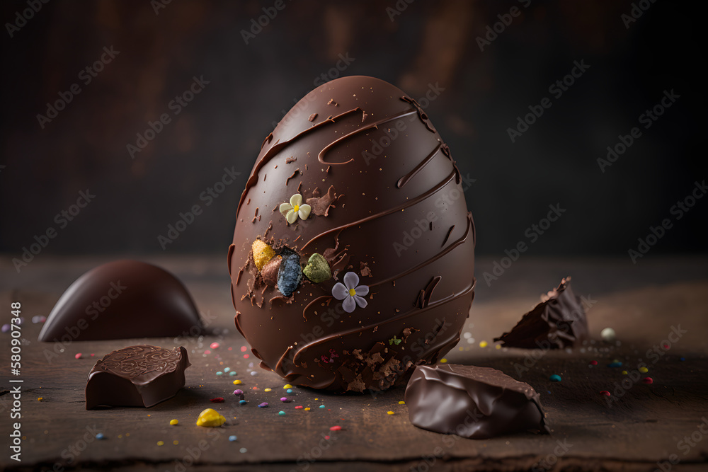 Wall mural Close Up Delicious chocolate easter egg chocolate details and truffles with cocoa powder ornament