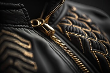 Macro shot of a black jacket's material up close and a gold zipper against a blurry background. Generative AI