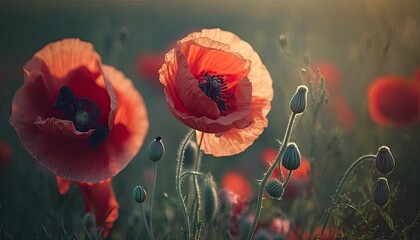 Obraz premium A field of poppies with the sun shining through the background. Generative AI