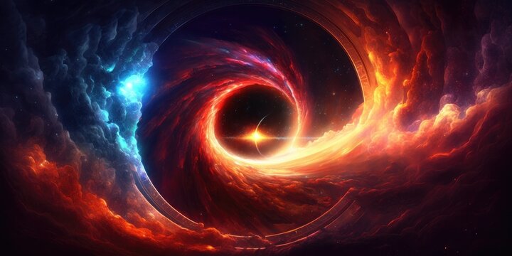 Interdimensional portal rift aurora opening in space over rugged winter landscape, bright red cloudy fire vortex swirl, anti-matter implosion, 4th dimension travel, universe gateway - generative AI.