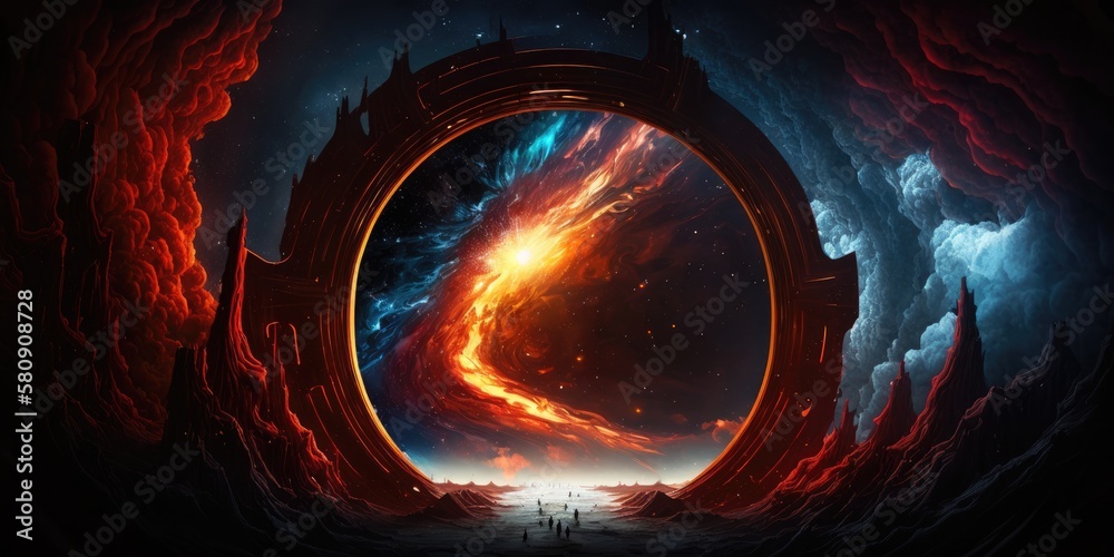 Wall mural interdimensional portal rift aurora opening in space over rugged winter landscape, bright red cloudy