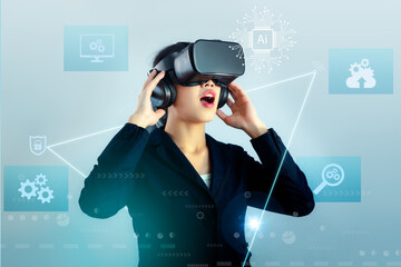 Technology Business Metaverse Concepts, Asian businesswoman in vr glasses with virtual reality screen, People emotions.