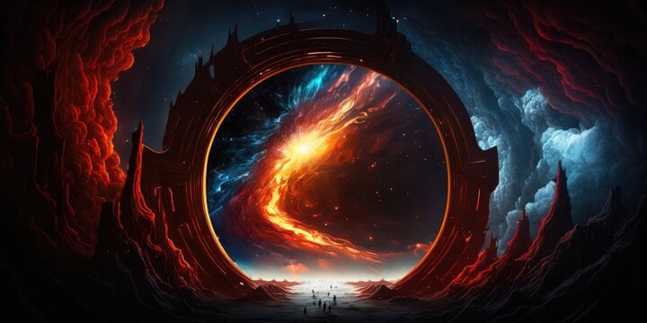 Interdimensional portal rift aurora opening in space over rugged winter landscape, bright red cloudy fire vortex swirl, anti-matter implosion, 4th dimension travel, universe gateway - generative AI.