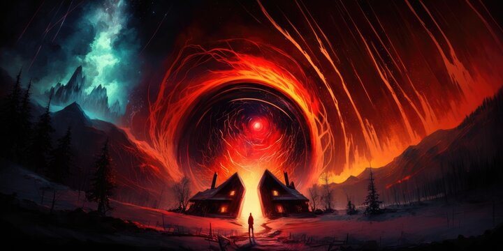 Interdimensional portal rift aurora opening in space over rugged winter landscape, bright red cloudy fire vortex swirl, anti-matter implosion, 4th dimension travel, universe gateway - generative AI.