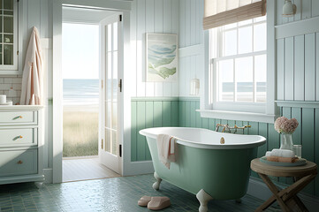 Coastal bathroom with open door, beach landscape in background, interior mockup