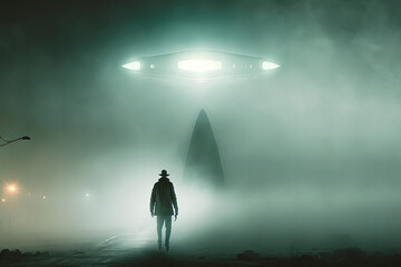 Obraz na płótnie Canvas A mysterious sighting! Man stands alone in the mist as he sees a UFO in the distance. Generative AI.