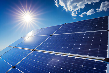 Clean energy in action: A solar panel shining bright against a beautiful blue sky. Generative AI.