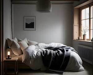 Bedroom with bed pillows and blankets, comfy, neutral colors, window natural lighting, 3d illustration for mockup, design