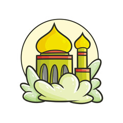 mosque vintage icon with green cloud Ramadan and Islamic Eid
