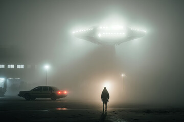 Uncovering the unknown! One man finds a UFO hidden in the fog and lights. Generative AI.