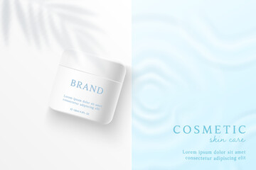 Cosmetics and skin care product ads template on blue water background with leaves shadow.