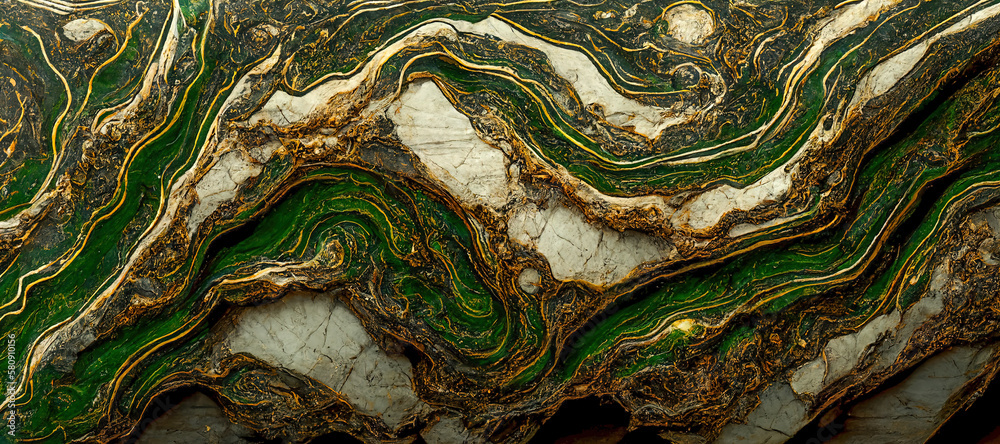 Wall mural the texture of green marble with white and black inclusions and gold veins. natural pattern. abstrac