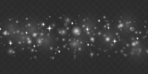 Blur white sparks and glitter special light effect. Fine, shiny bokeh dust particles fall off slightly. Defocused silver sparkle, stars and blurry spots. Magical flickering lights. Vector illustration