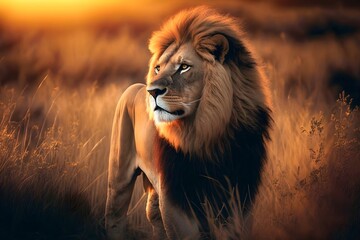 Naklejka na ściany i meble A lion standing on a grassy field in the sunset, Generative AI