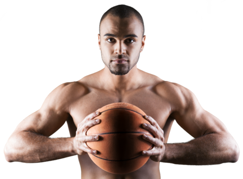Young handsome sporty man with basketball ball isolated on white background