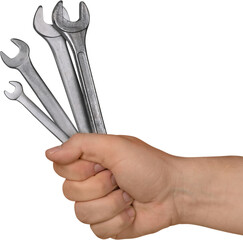 Man holding metal wrenches tools on white background