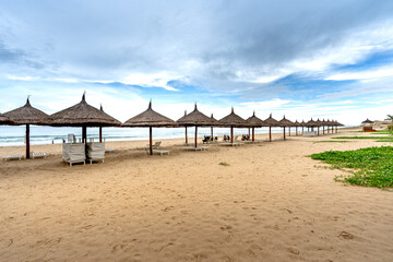 The umbrellas and chairs by the seaside Bai Dai in Khanh Hoa province, Vietnam