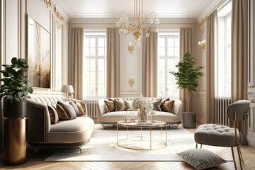 very light and bright interior of luxurious cozy living room with chic soft beige furniture with gold metallic elements, huge window to the floor and wooden parquet. Generative AI