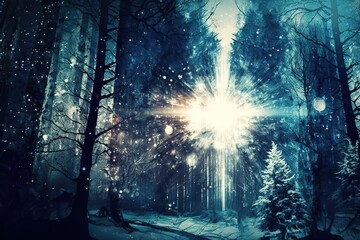 Beautiful snowy forest and abstract shiny light background