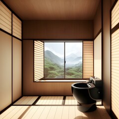 the concept of a modern toilet room, wood in design, Japanese style, fantasy, generated in AI