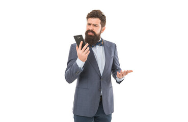 Naklejka premium Mobile call concept. Successful business call. Business information. Businessman calling client hold smartphone. Good business talk. Man manager phone conversation. Guy with smartphone call friend