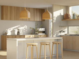 A modern kitchen with warm wooden table and furniture, stylish ceiling light, glass windows, and plant creates a welcoming interior design.