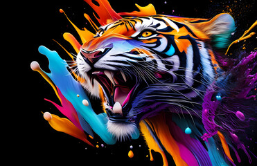 A colorful abstract portrait tiger on black background. Generative AI