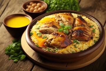 Arabic cuisine Kabsa is a traditional dish from the Arab region that comprises of rice and chicken shish kabob. Generative AI