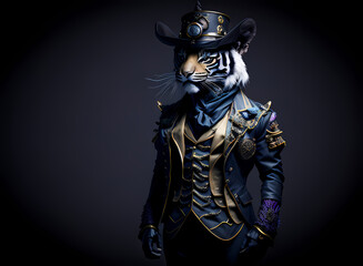 A colorful portrait of a steampunk tiger on black background. Generative AI