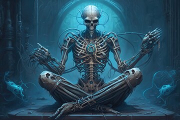 Science fiction illustration of a praying, meditating skeletal figure linked to complicated alien equipment. Generative AI