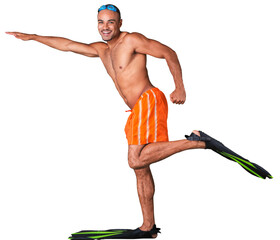 Swimmer wearing mask, snorkel and flippers walking