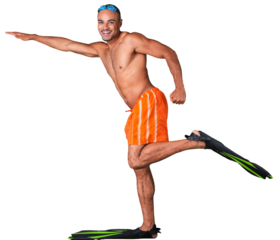 Swimmer wearing mask, snorkel and flippers walking