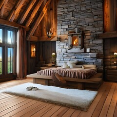 4 A rustic bedroom with a log bed, stone fireplace and a bearskin rug2, Generative AI