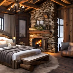 4 A rustic bedroom with a log bed, stone fireplace and a bearskin rug1, Generative AI