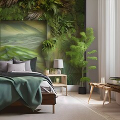 7 A nature-inspired bedroom with an earthy color scheme, plants and a mural of a forest scene2, Generative AI