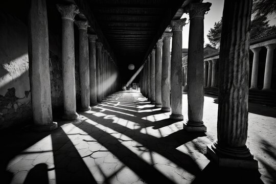 Shadows in black and white at the Athens Ancient Agora. Generative AI