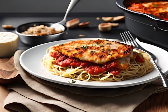 Tasty Baked Grilled Chicken Parmesan with Spaghetti noodles