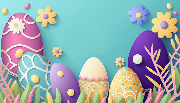 colorful easter eggs, beautiful easter festival eggs, colorful easter background, copy space poster, easter greeting card, easter banner with light blue background