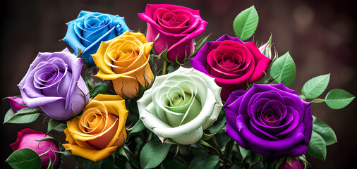 bouquet of colorful roses, red, yellow, purple, green blurred background. Ai generated
