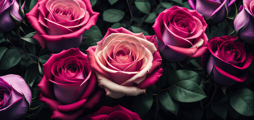Bouquet of pink and red color roses with leaves for background or wedding backdrop and wallpaper. Ai generated.