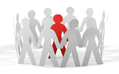 Paper People Standing in a Circle and One Red Paper Man Inside