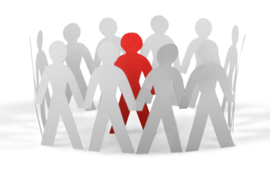Paper People Standing in a Circle and One Red Paper Man Inside