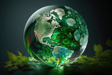 Fototapeta na wymiar April 22. Crystal earth globe with a cheerful backdrop. Save the planet day, the environment, and ecology. Green enterprises that rely on renewable energy can reduce climate change and global warming