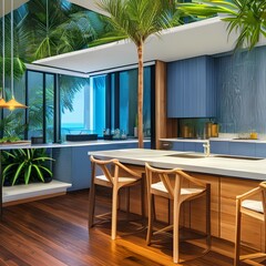 This kitchen is tropical and bright, with palm tree wallpaper and bamboo floors1, Generative AI