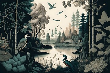 Vintage wallpaper of forest landscape with lake, trees, birds, and butterflies, Generative AI