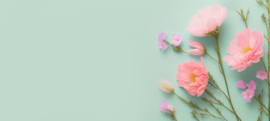 Fototapeta premium Pink flowers on green pastel background for wallpaper, backdrop and banner or background. Ai generated.