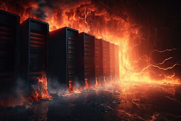 Disaster in data center room with burning servers and storage. Generative AI