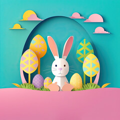 paper cut easter festival with rabbit, easter greeting with bunny, easter banner, easter poster with copy space