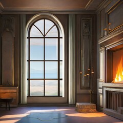Fototapeta na wymiar A room with a fireplace and a large window3, Generative AI