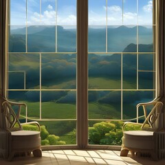 A room with a large window and a view of the countryside2, Generative AI